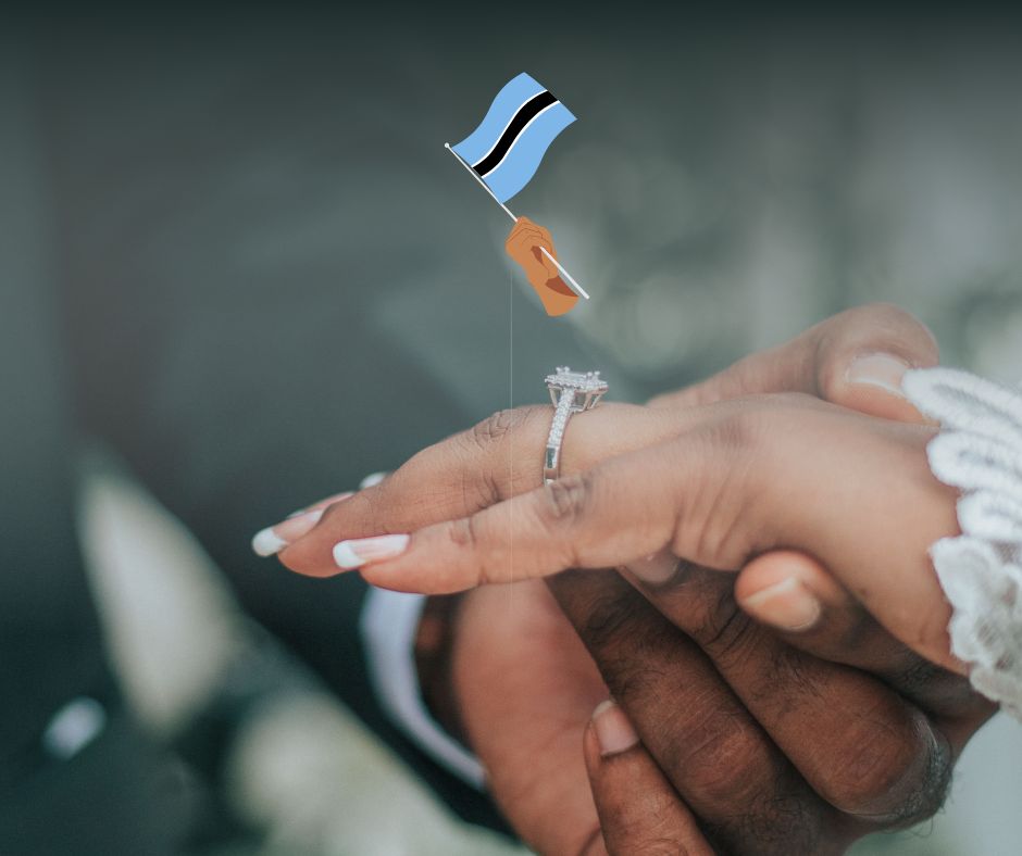 Botswana couple holding hands to show wedding ring